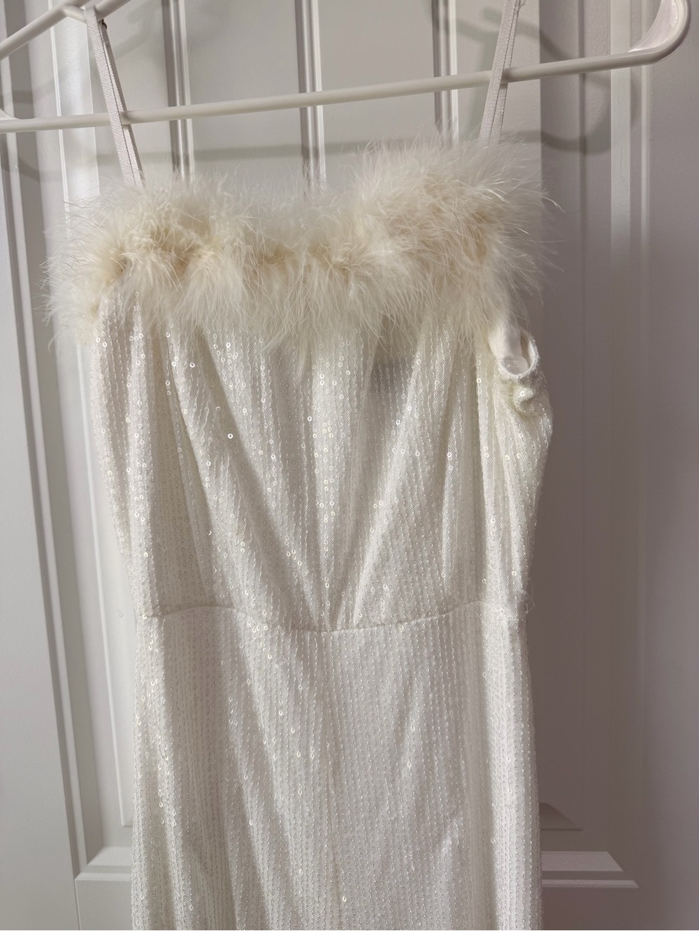 White Sequins Jumpsuit with Faux-Fur Trim - Picture 5 of 10
